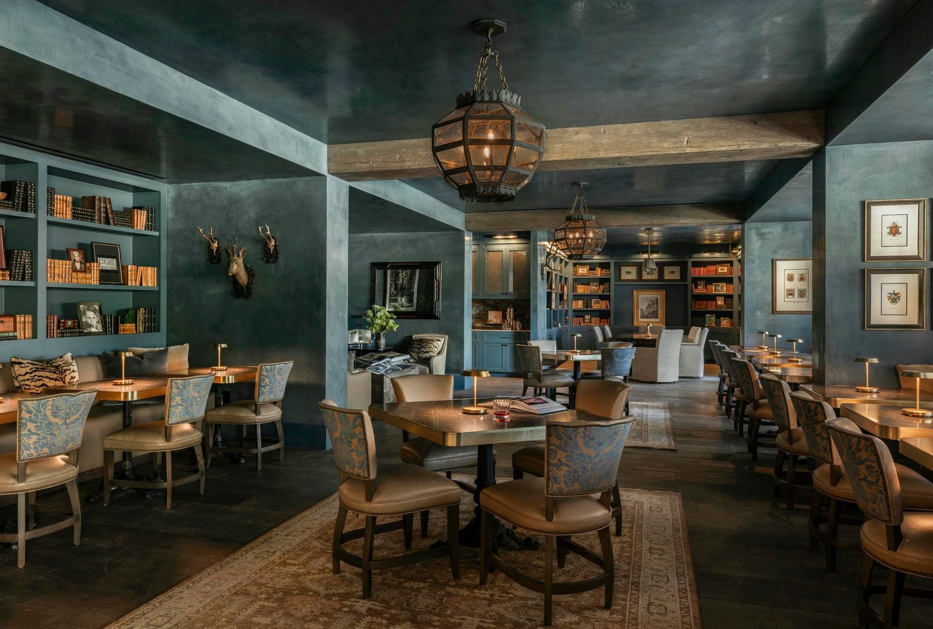 The Granduca Library at Granduca Houston, a stylish spot among top restaurants in Houston, features warm lighting