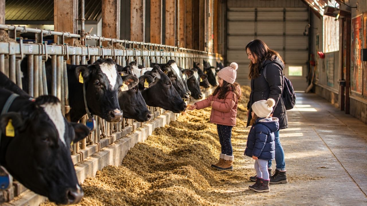 Woman and child feeding dairy cows in a bright barn at EcoDairy farm Discovery Centre.