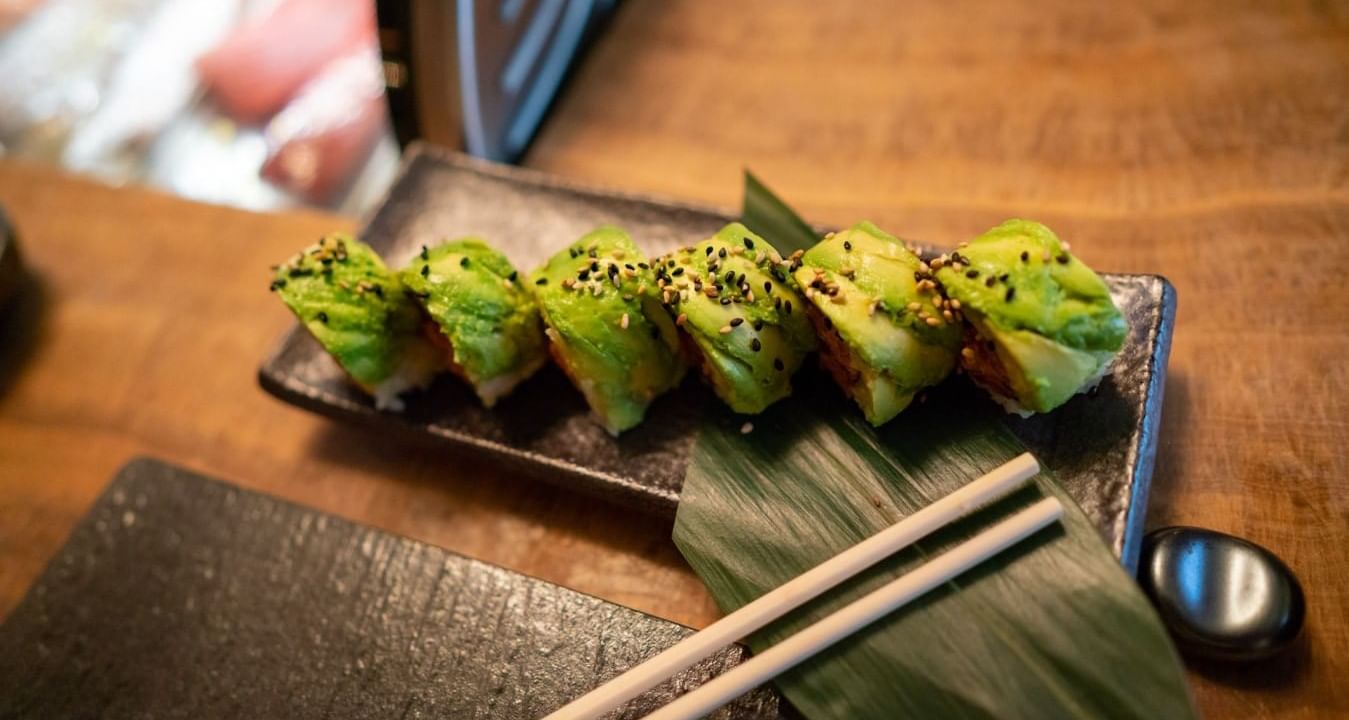 Sushi with chopsticks in Sushi Lab at Sanctuary Hotel New York 