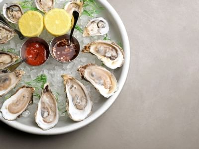 Top shot of a bowl of oysters served at South Beach Hotel