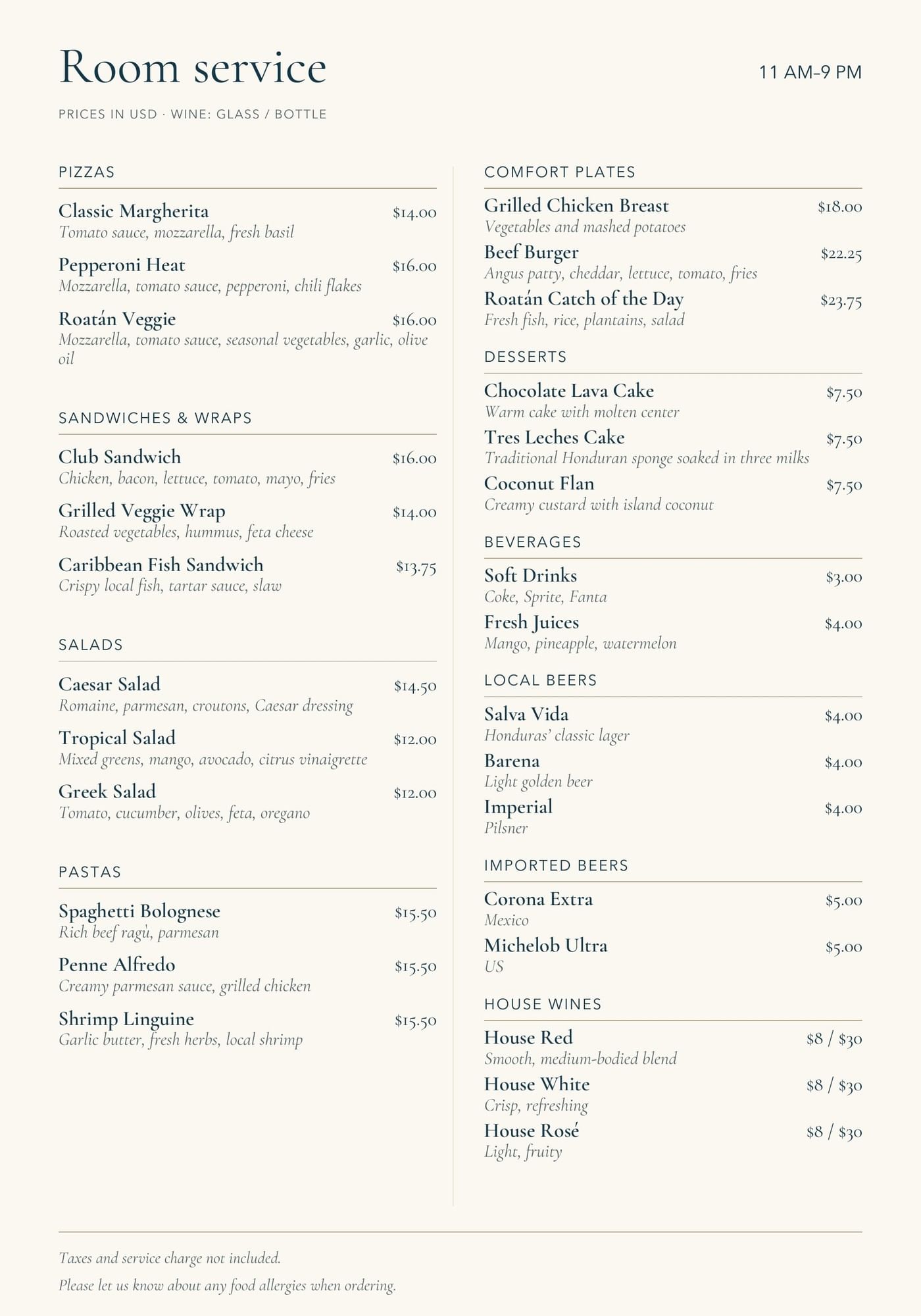 Room Service menu