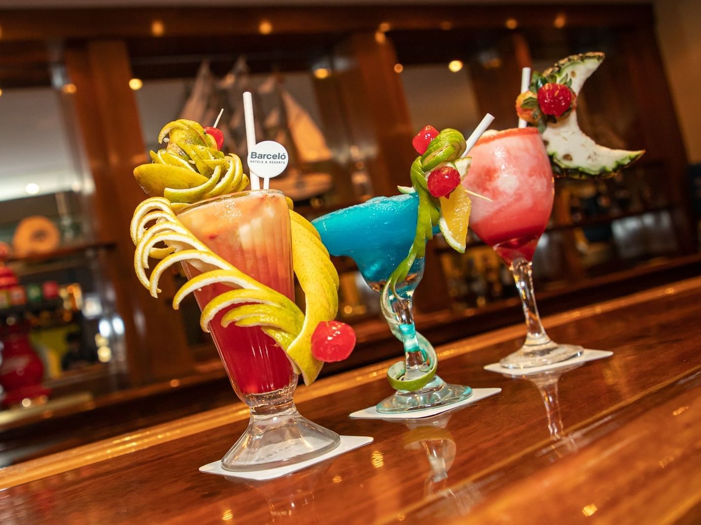Closeup of three cocktails in Black Marlin bar at Colón Salinas