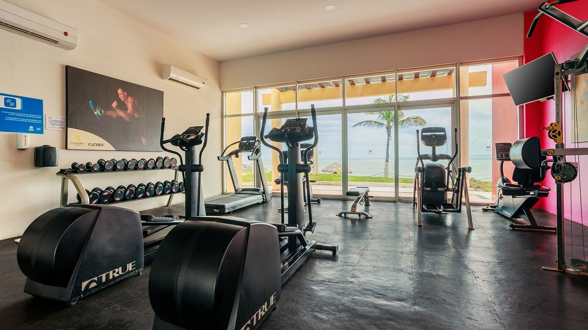 Bright fitness center equipped with treadmills and ellipticals facing the blue ocean at Camino Real Veracruz