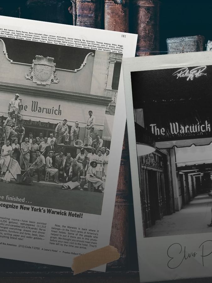Nostalgic collage featuring a vintage photo of Elvis Presley and old hotel newspaper ads at Warwick New York