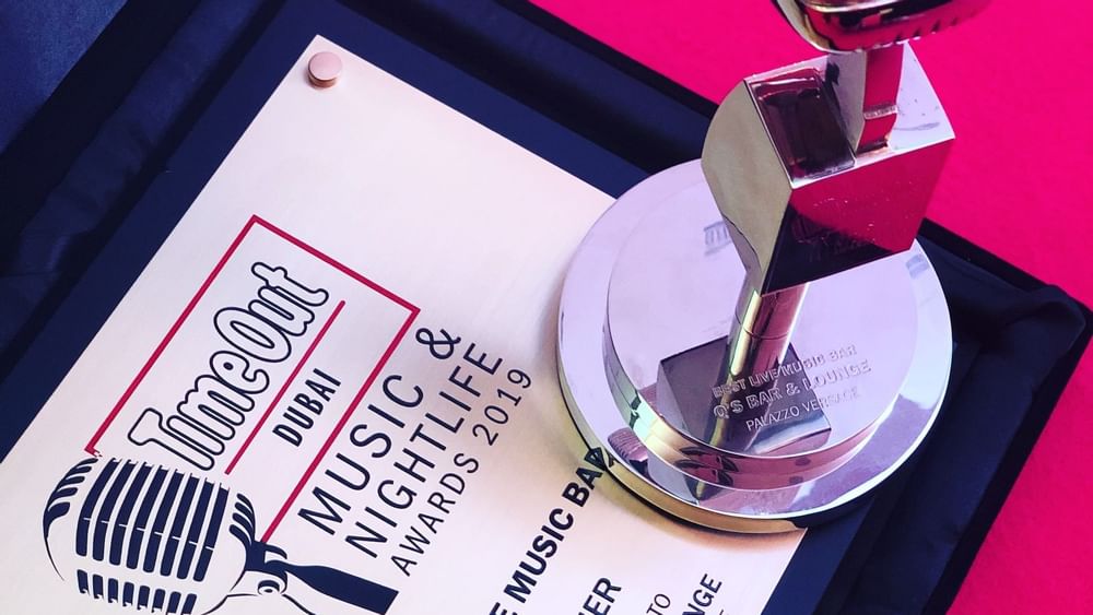 Close-up of Best Live Music Bar award of Palazzo Versace Dubai