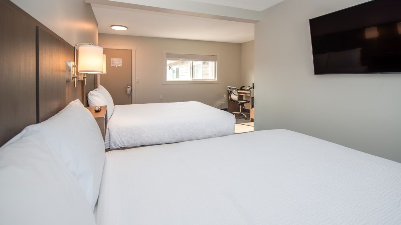 Two white beds, a desk, chair, TV, and window in a hotel room.