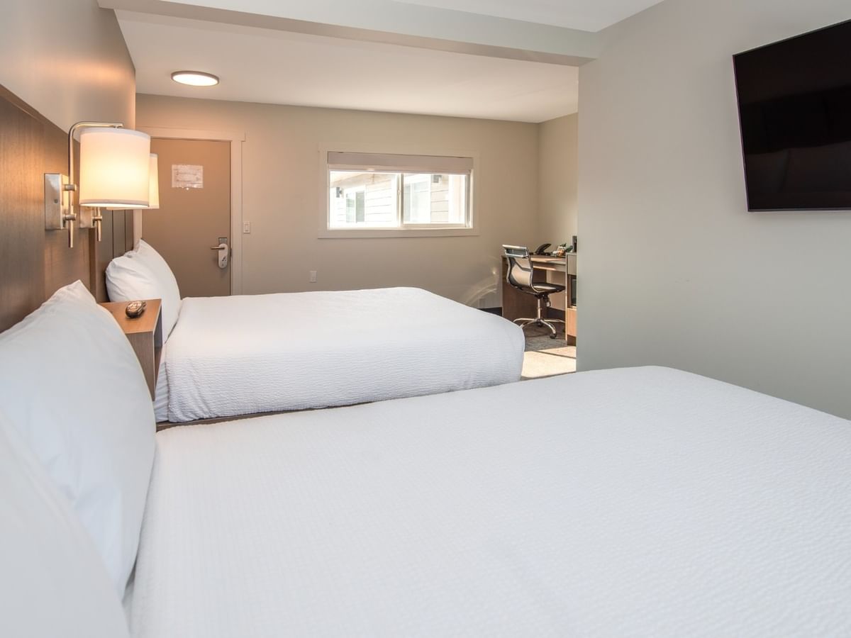 Two beds with white linens, wall-mounted lamp, TV, desk, and window in a hotel room.