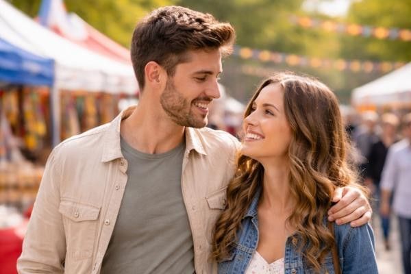 Couple walking through Wokingham May Fayre