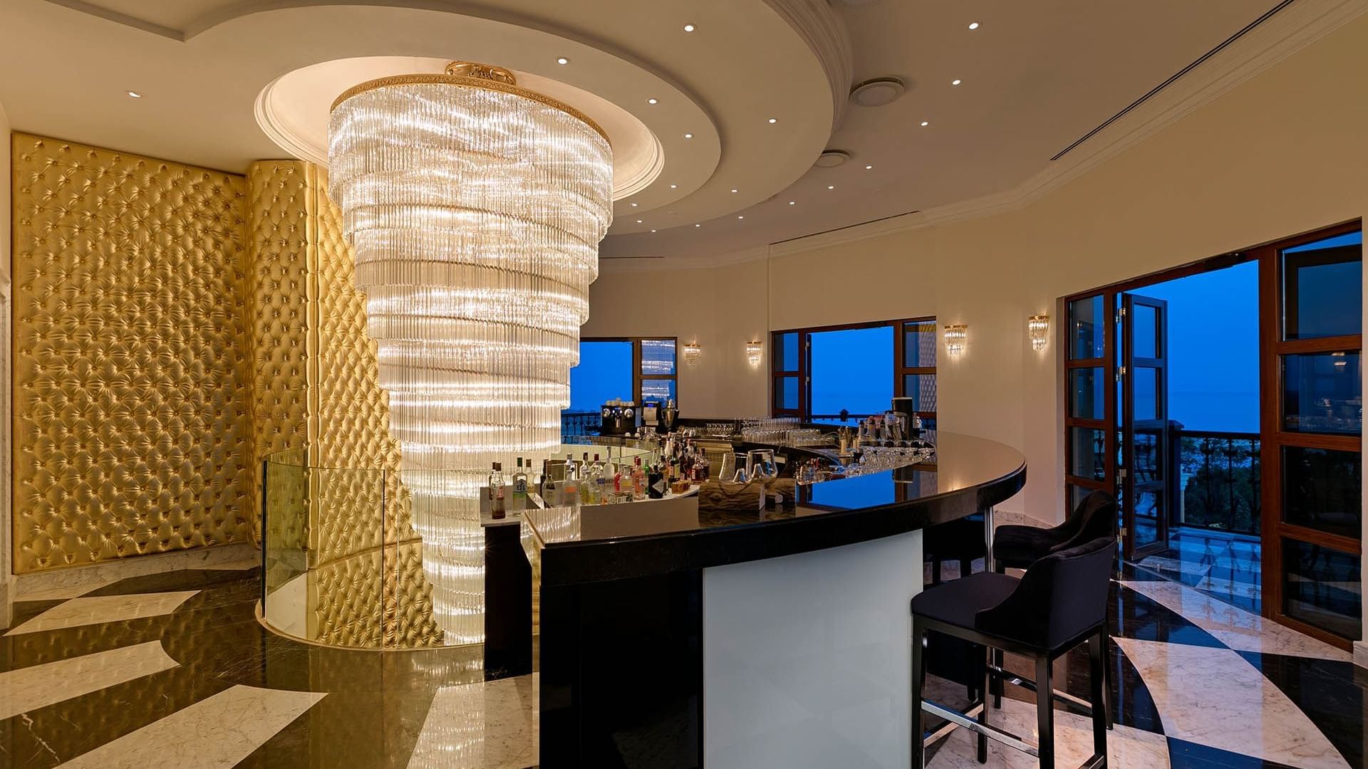 Bar counter area with high stools in Tower Roof Bar at Titanic Mardan Palace