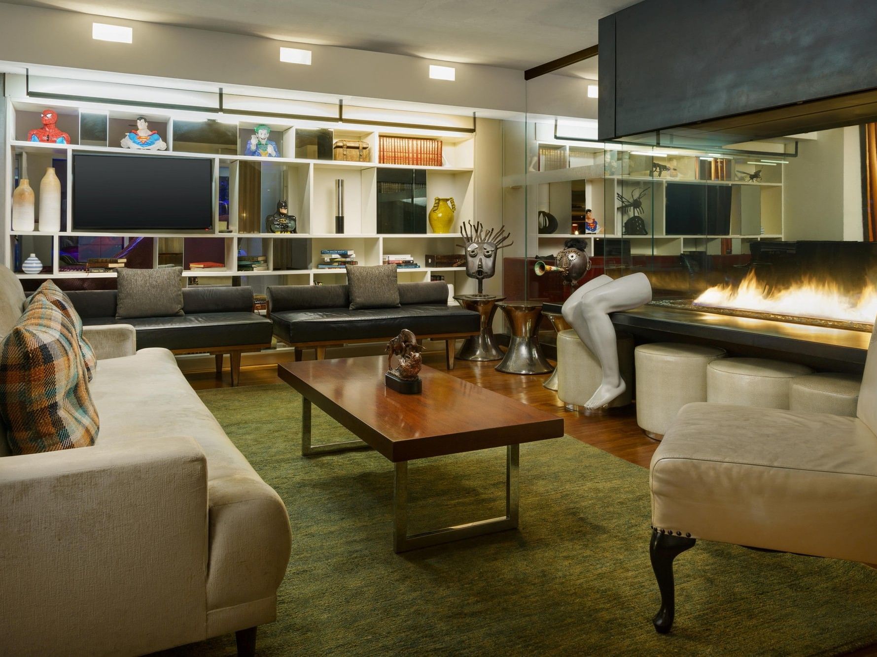 Cozy living room with glass fireplace