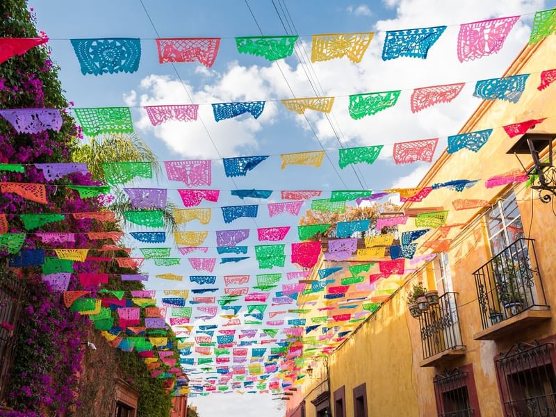 Arranged flags in Guanajuato Flag Street near Fiesta Americana