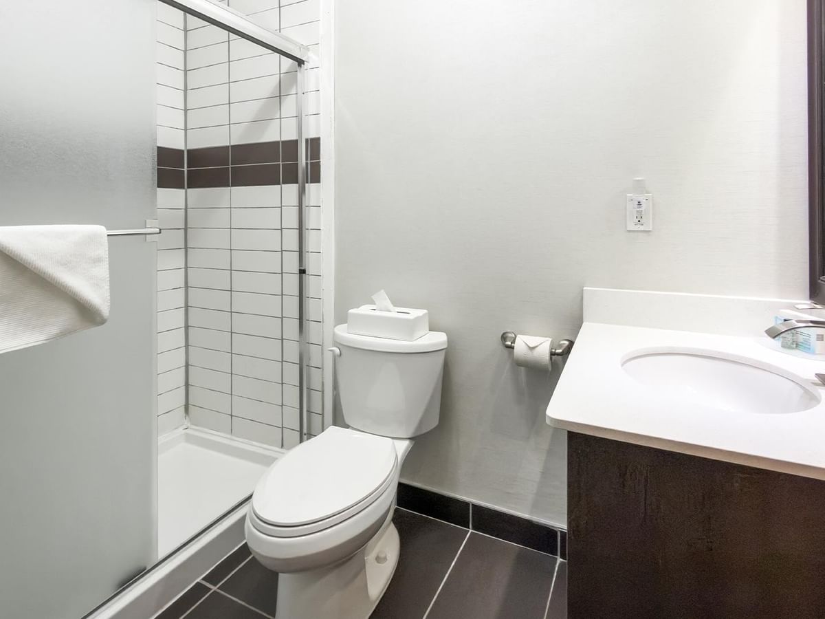 Toilet and sink in the bathroom.