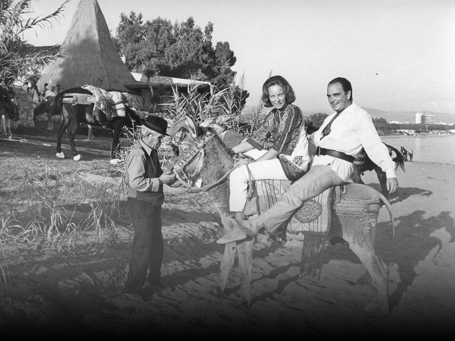 A couple riding a pony at Marbella Club in 1957