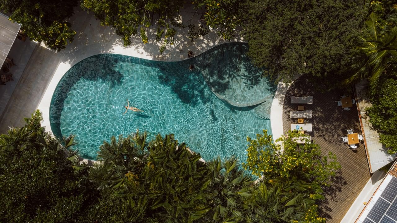 Aerial view of a luxury pool with a guest swimming amidst lush tropical greenery at Cala Luna Boutique Hotel