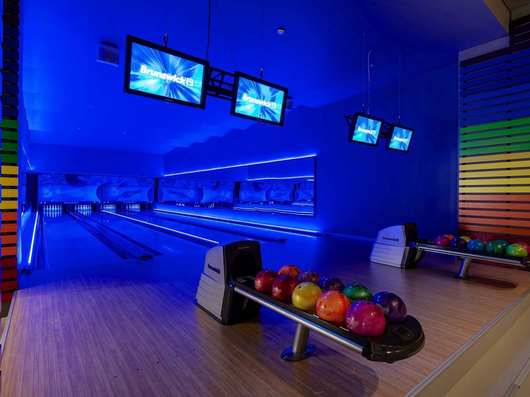Wooden finished Bowling area with TVs in Game Center near Titanic Deluxe Golf Belek