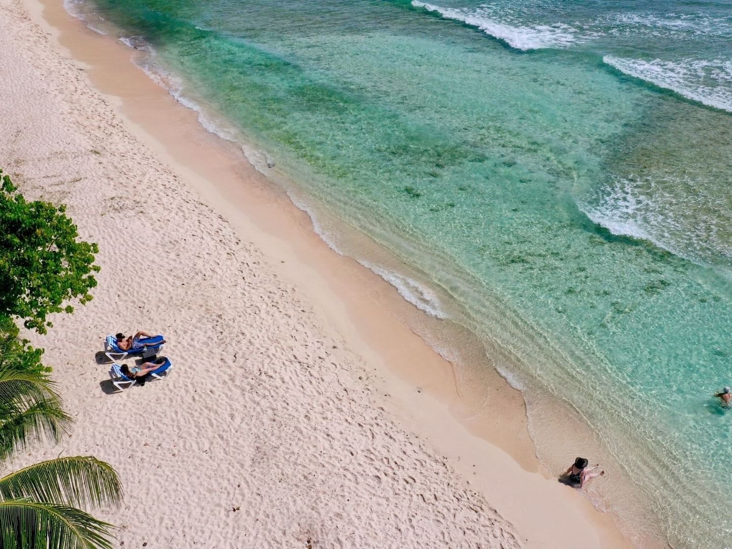 A serene beach view with guests relaxing on lounge chairs and swimming at Savannah Beach Hotel.