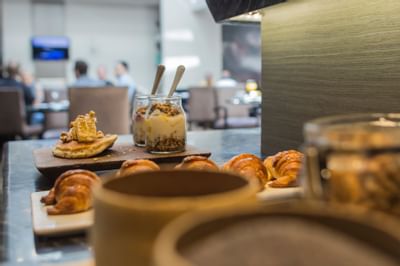 Closeup pastries served in a restaurant at Recoleta Grand Hotel
