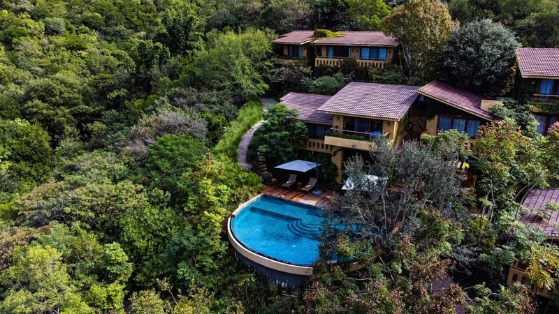 Aeial view of Gamma Rincón de Santiago with pool and greeny surround