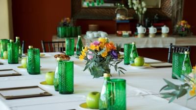 Meeting table set-up with bottles & glasses at Cala de Mar