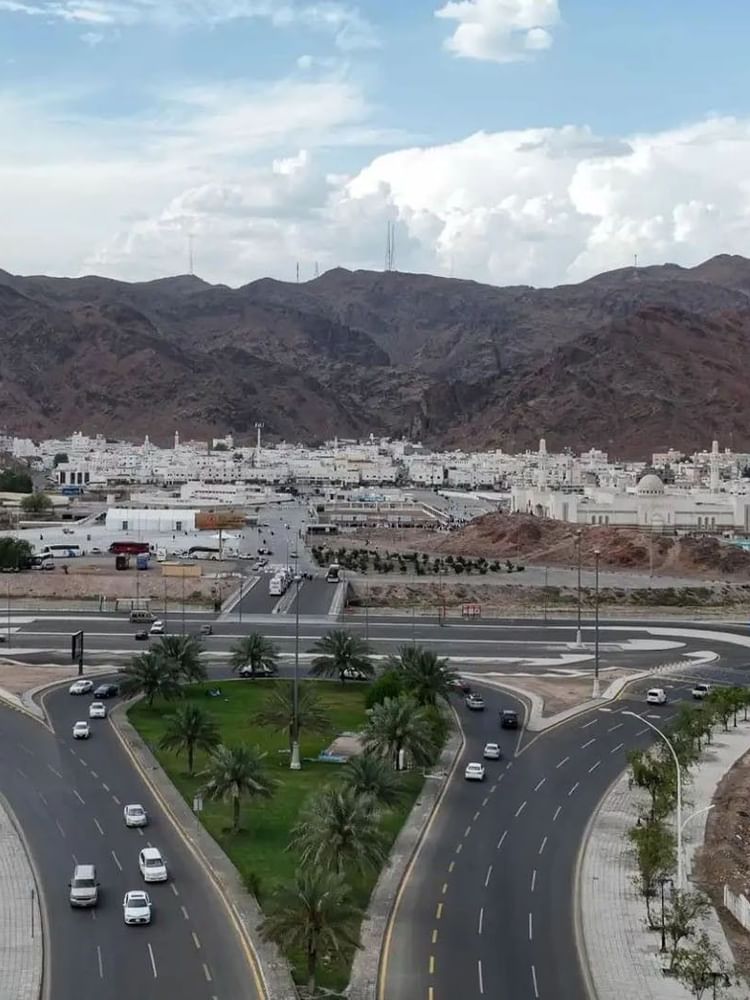 Aerial view of Mount Uhud with palm trees & mountains, and white buildings at Saja Warwick Madinah