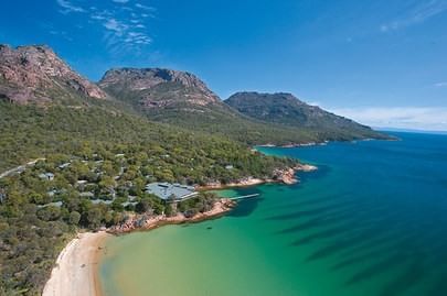 Aerial view of Hazards mountain range and the Bay at Freycinet Lodge