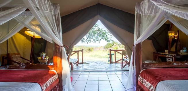 View from tent with two beds at Mbuzi Mawe Serena Camp