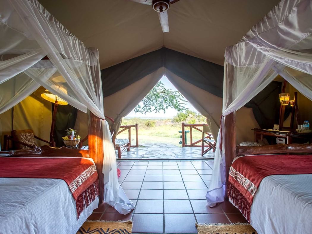View from tent with two beds at Mbuzi Mawe Serena Camp