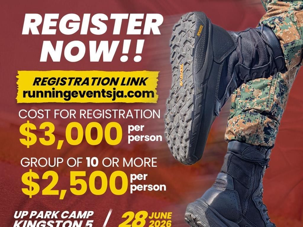 Running Events Jamaica poster showing combat boot on military camo pants with registration link near Jamaica Pegasus Hotel