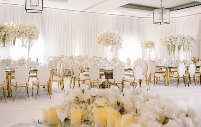 A banquet setup in a ballroom at Luxe Sunset Boulevard
