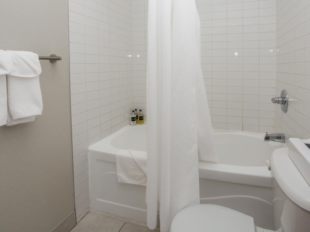 Bathroom with bathtub, shower curtain, toilet, and towels.