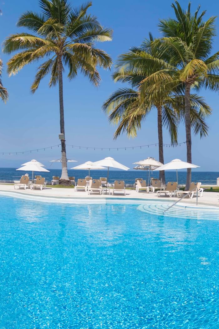 Swimming pool & lounge chairs surrounded by palm trees at Plaza Pelicanos Club Beach Resort