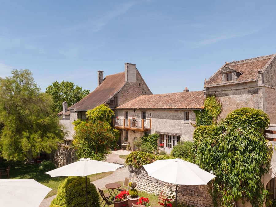 Aerial view with the garden at Le Pigeonnier du Perron 
