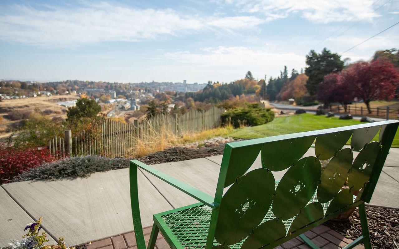 Green chair overlooking valley with fall leaves