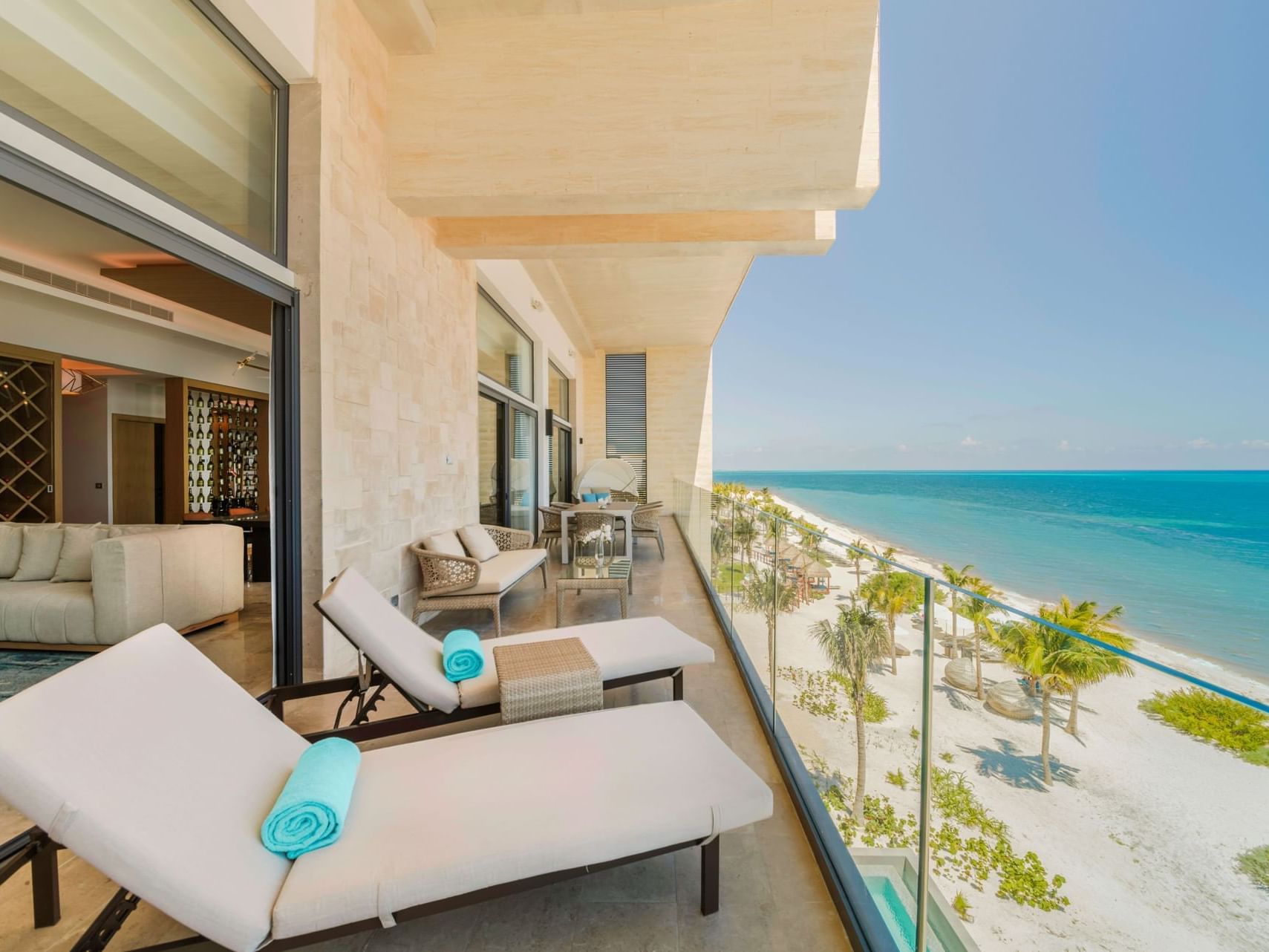 Sunlounger in the balcony with ocean view in a Serenity Club Room at Haven Riviera Cancun