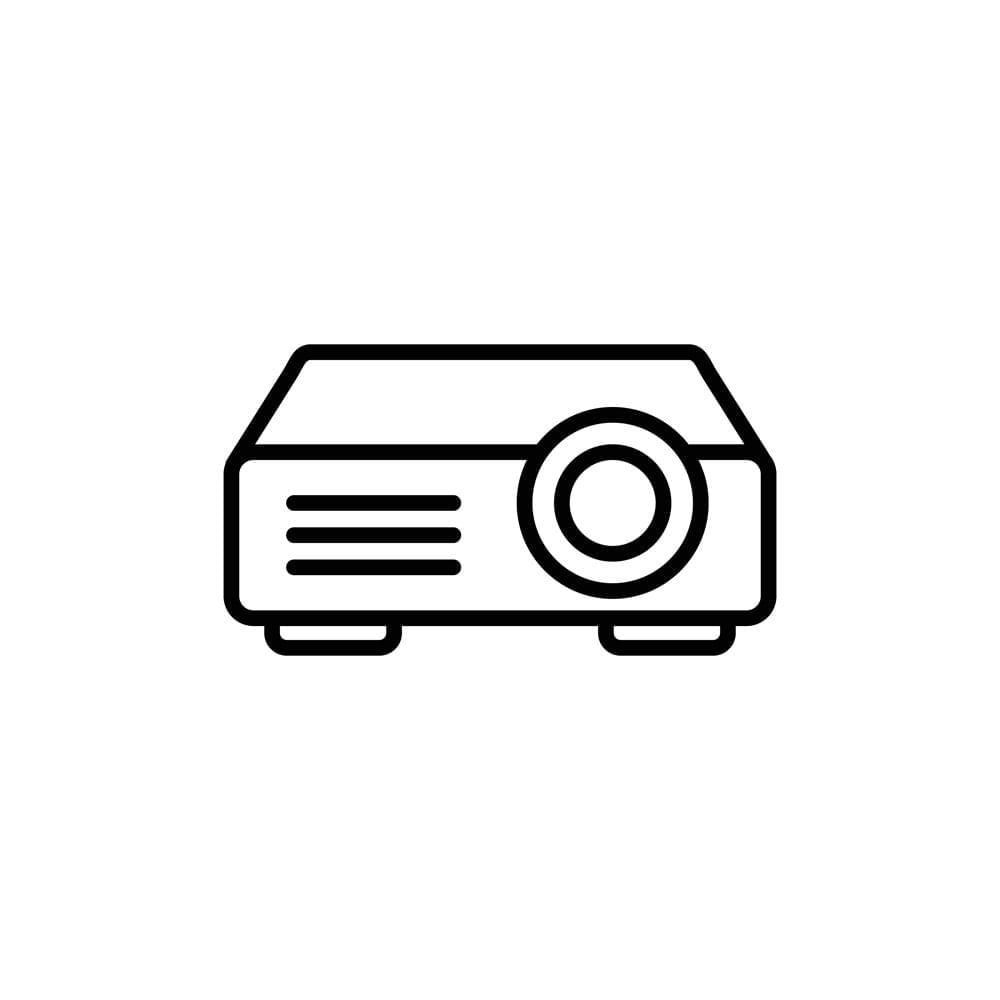 Black and white outline of a projector with lens and control panel, on a white background.