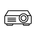 Black and white outline of a projector with lens and control panel, on a white background.