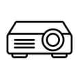 Black and white outline of a projector with lens and control panel, on a white background.
