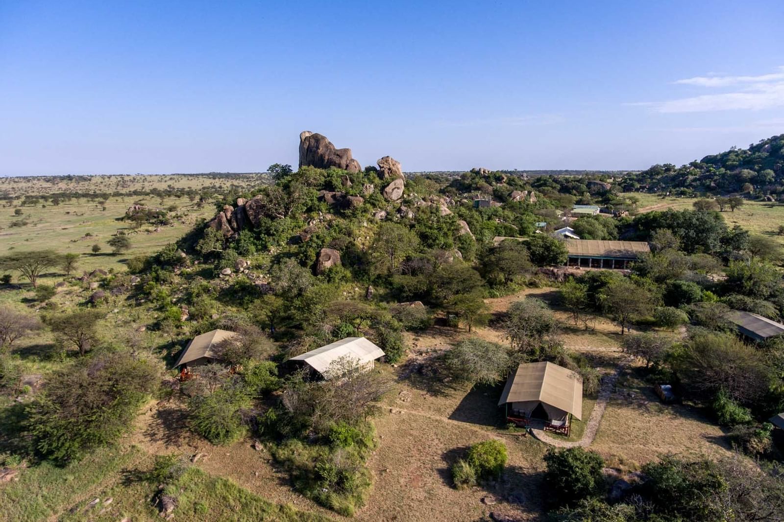 Aerial view of Mbuzi Mawe Serena Camp with green surroundings