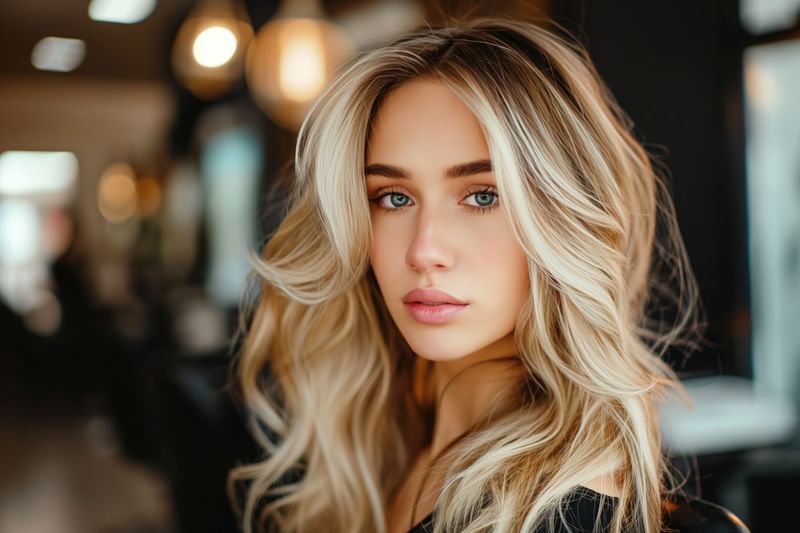 A woman with wavy, blonde hair stands in a salon at Warwick Melrose Dallas