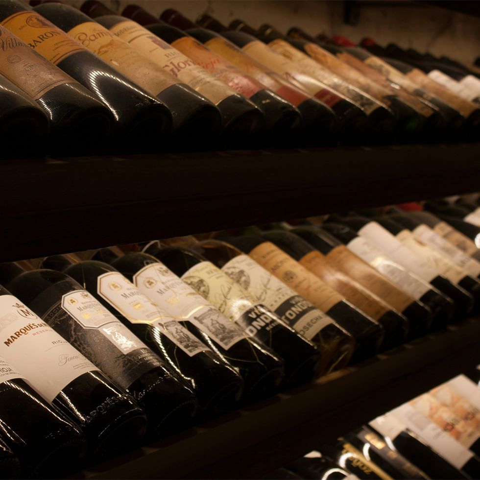 Wine bottles in various colors and labels are neatly arranged on dark shelves.