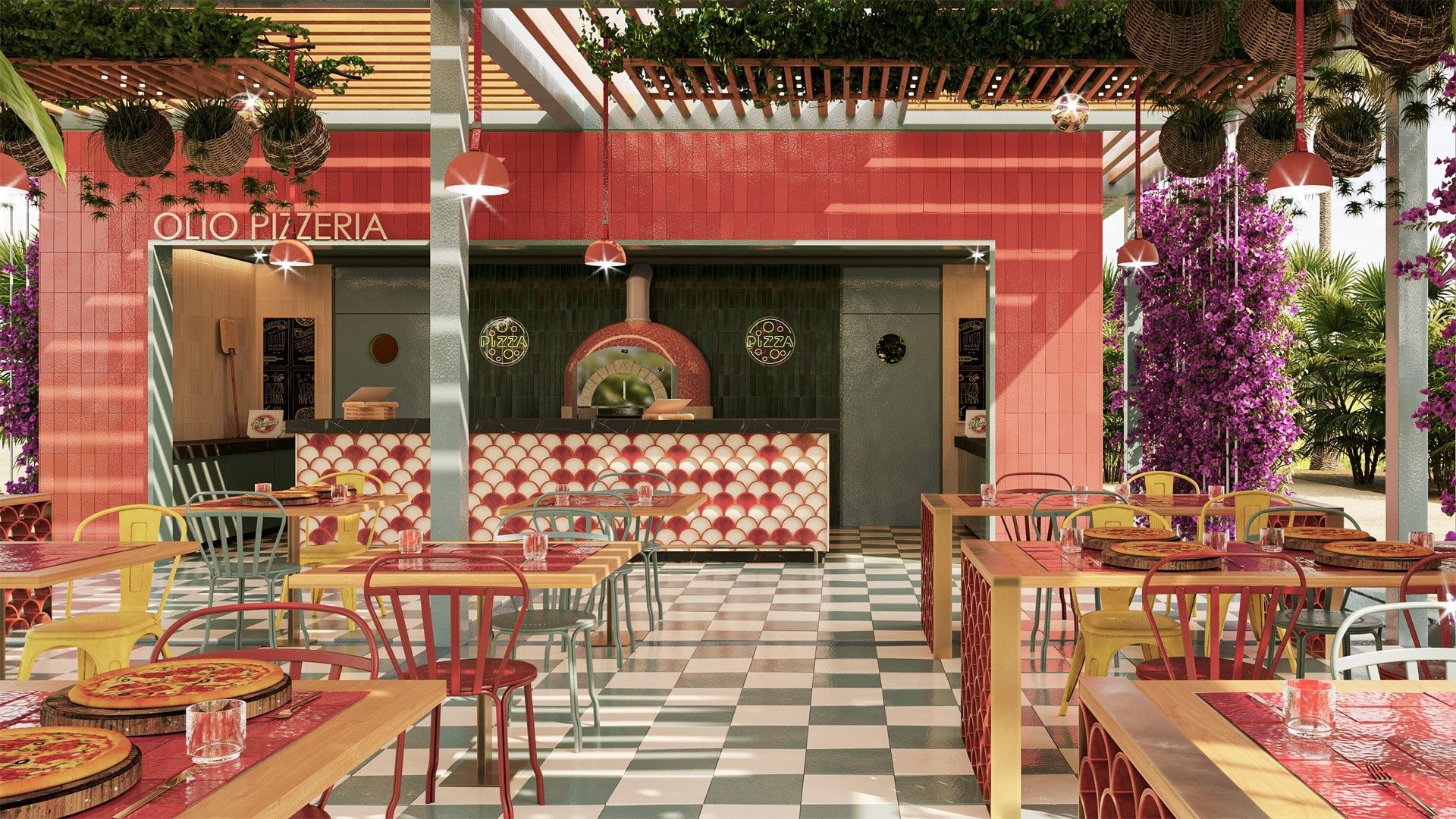 Estilizada pizzería Elio en Fiesta Americana Funeeq Punta Cana con horno de ladrillo en un ambiente vibrante