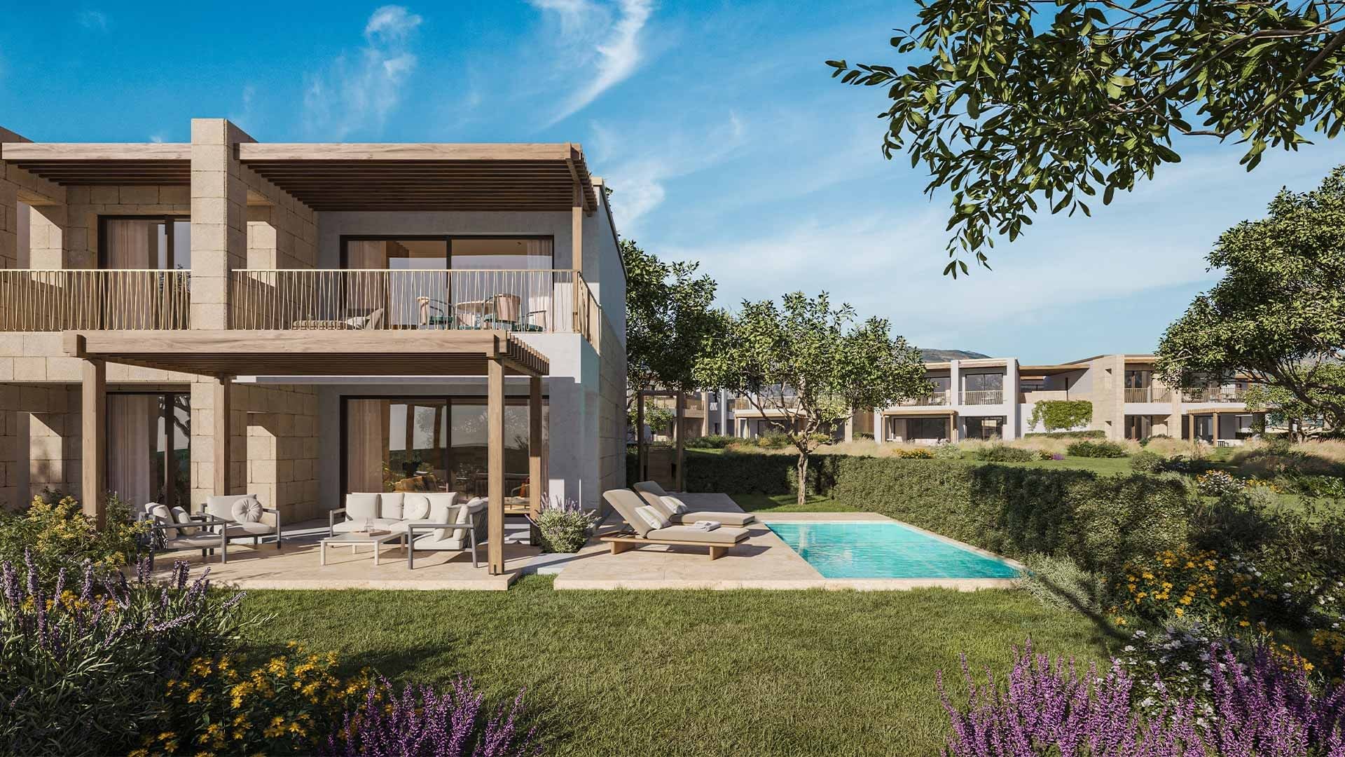 Rendering di una villa moderna con piscina, giardino, e mobili esterni sotto un cielo blu.