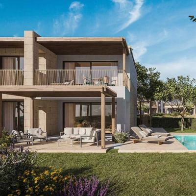 Rendering di una villa moderna con piscina, giardino, e mobili esterni sotto un cielo blu.