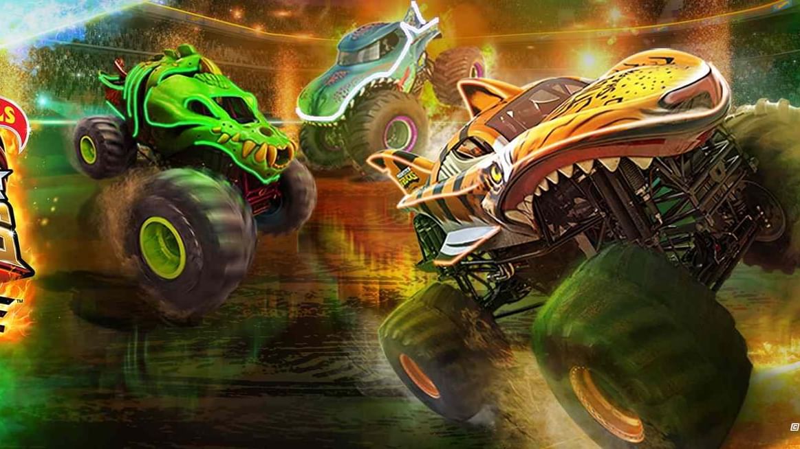 Hot Wheels Monster Trucks launching off ramps in a glowing arena with bright lights and fire effects