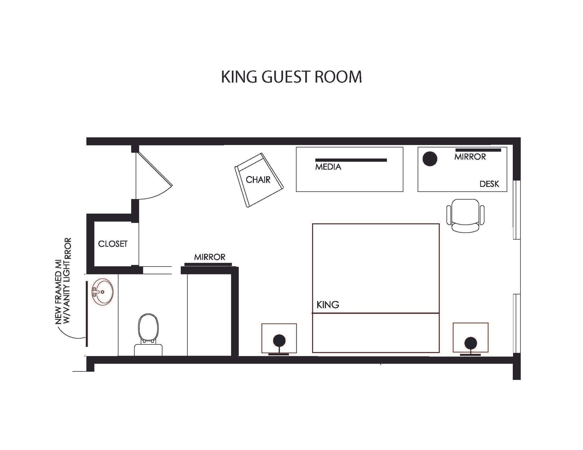 a black and white floor plan for a king guest room