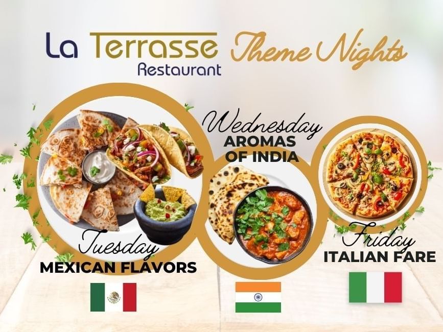 Poster for La Terrasse Restaurant's Theme Nights featuring Mexican, Indian, and Italian dishes with respective flags.