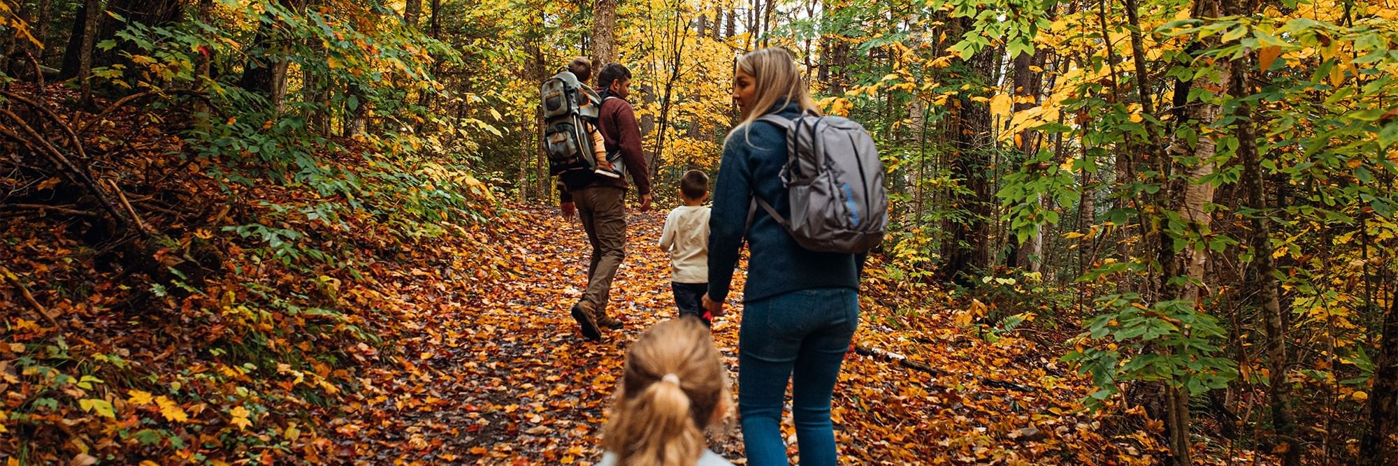 Family hiking up a hill in Autumn, surrounded by fall foliage.