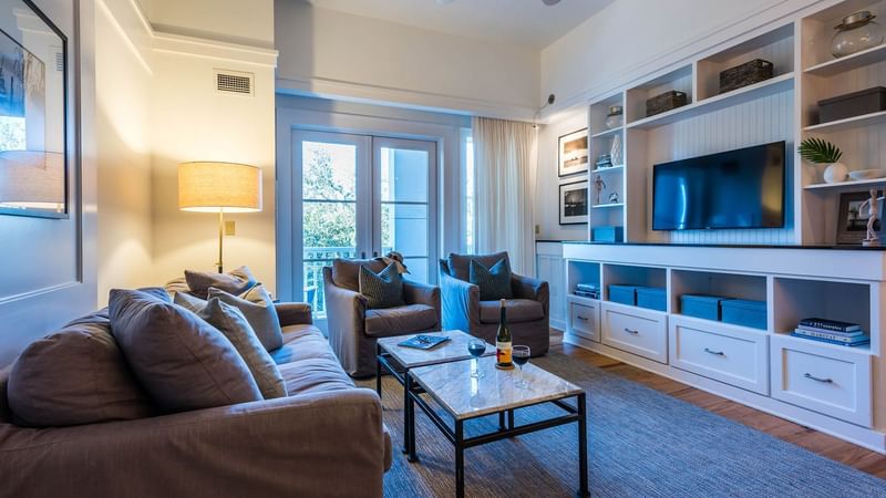 Living area arranged in Premium Resort suite at Watersound Inn