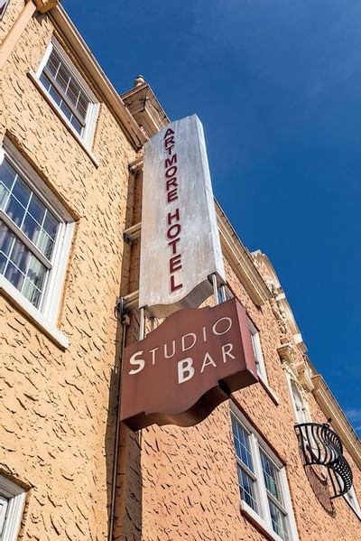 Low angle view of the hotel sign at Artmore Hotel