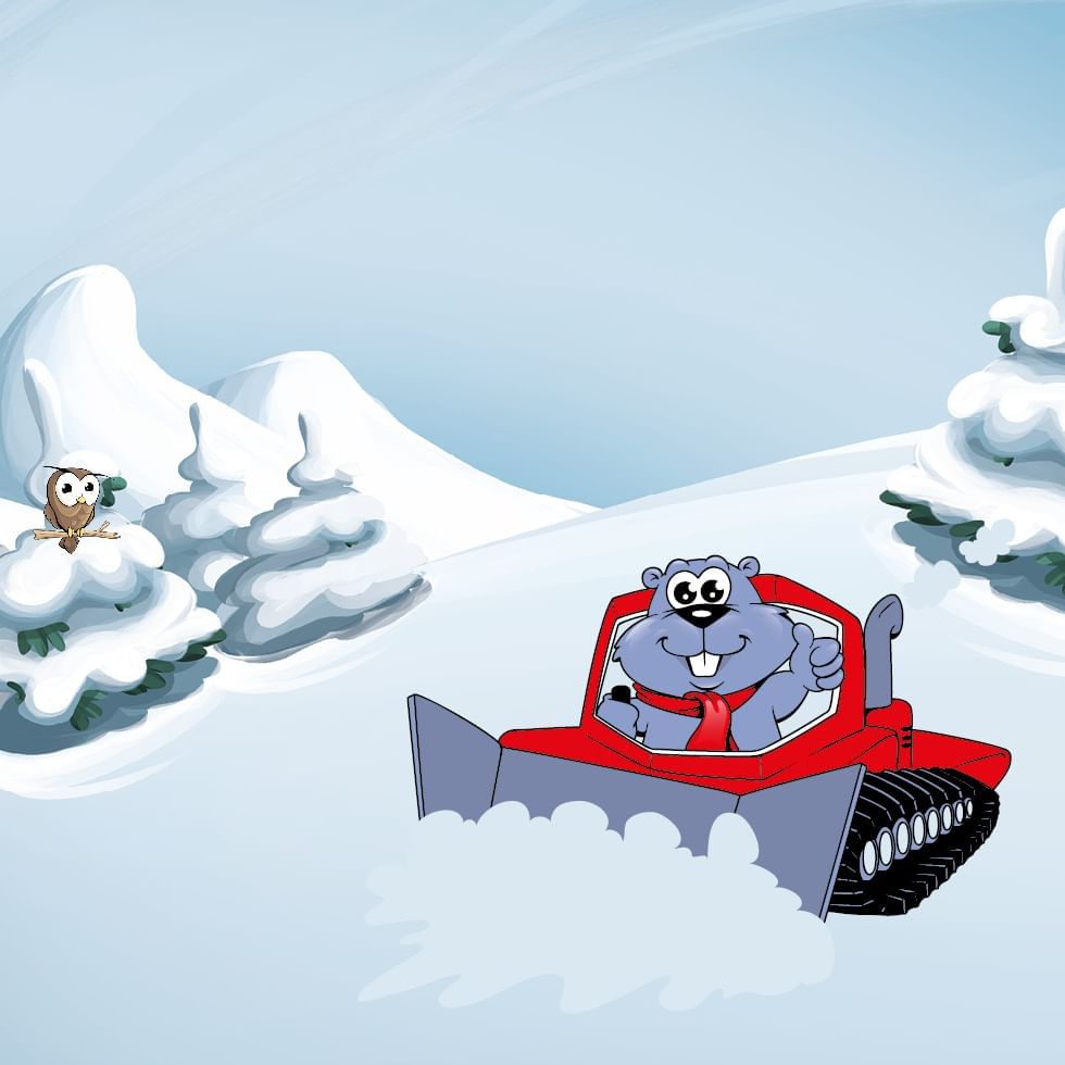 Illustrazione di Golmi su un veicolo da neve con un gufo in cima a un albero.